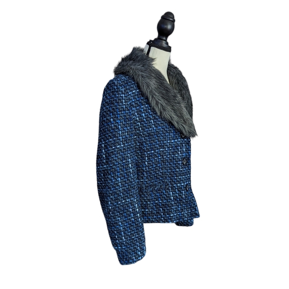 Nine West Tweed Blazer Style Jacket With Fur Collar Size 12 - Picture 2 of 14